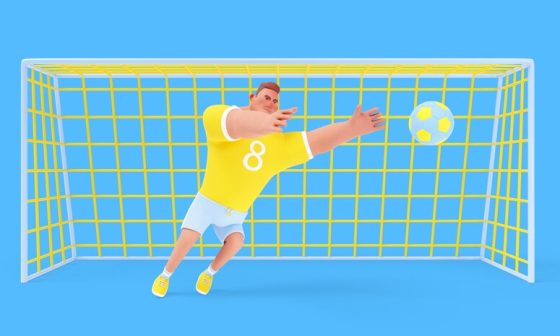 A cartoon soccer goalkeeper prepares to save a soccer ball on the field, showcasing determination and focus.