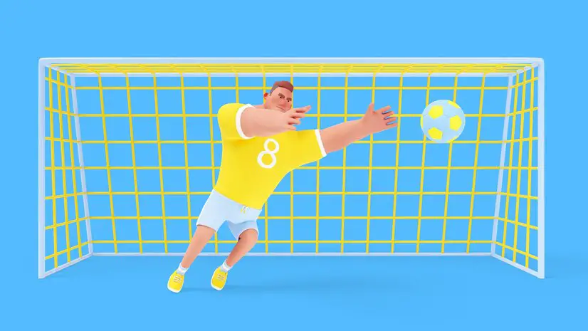 A cartoon soccer goalkeeper prepares to save a soccer ball on the field, showcasing determination and focus.