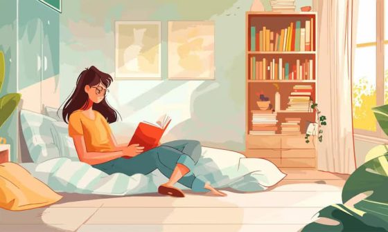 A woman sits on a bed, engrossed in reading a book, in search what dating feels like generally