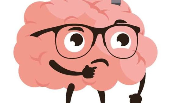 A cartoon brain wearing glasses, illuminated by a light bulb, symbolizing cleverness.