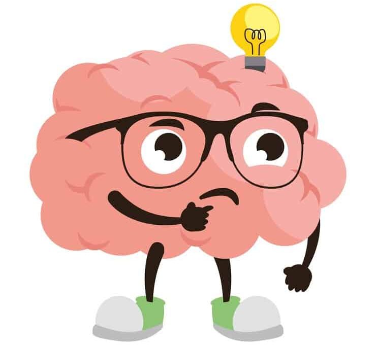 A cartoon brain wearing glasses, illuminated by a light bulb, symbolizing cleverness.