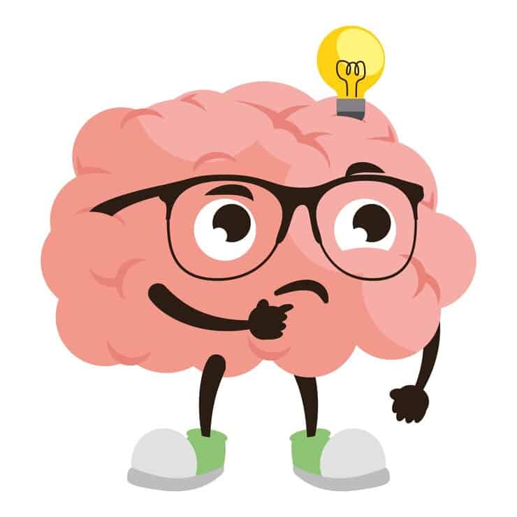 A cartoon brain wearing glasses, illuminated by a light bulb, symbolizing cleverness.