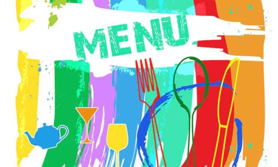 A lively menu design showcasing an array of utensils against a colorful paint background, inviting culinary exploration.