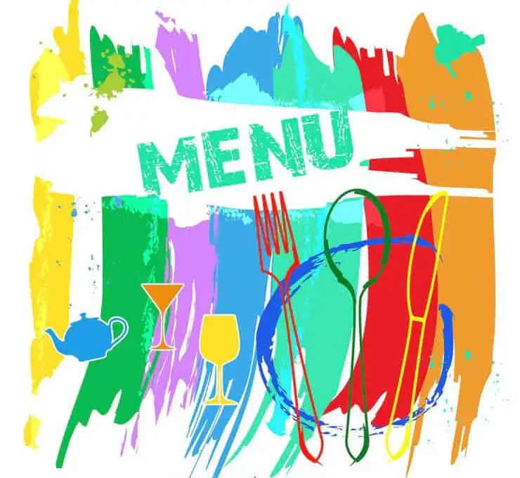 A lively menu design showcasing an array of utensils against a colorful paint background, inviting culinary exploration.