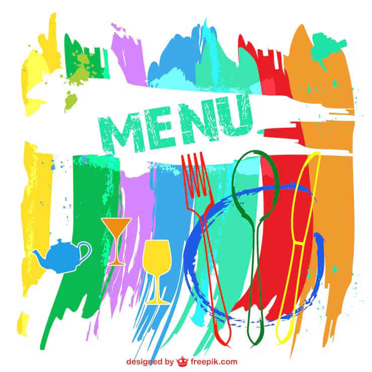 A lively menu design showcasing an array of utensils against a colorful paint background, inviting culinary exploration.