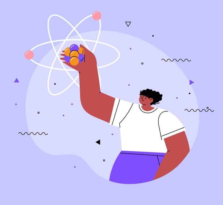 An illustration depicting a man holding an atom with a nucleus