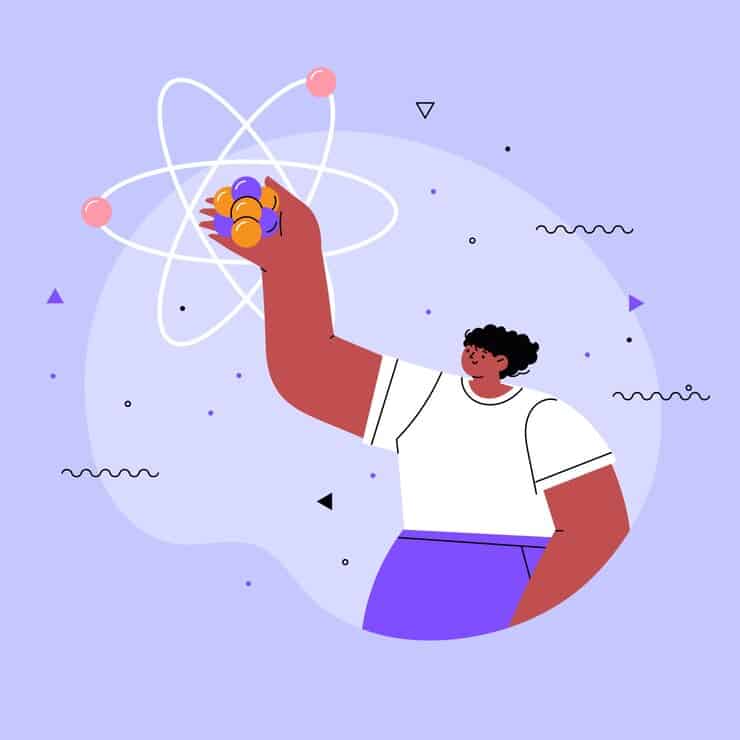 An illustration depicting a man holding an atom with a nucleus