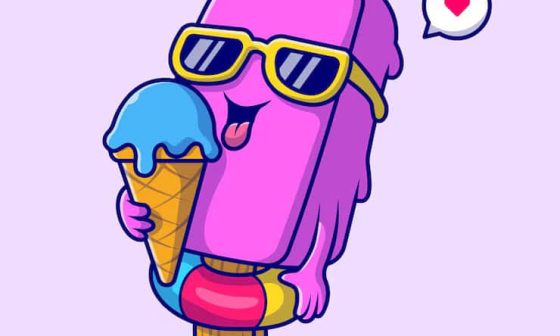 A cartoon ice cream bar wearing sunglasses, accompanied by a speech bubble, exuding a fun and playful vibe