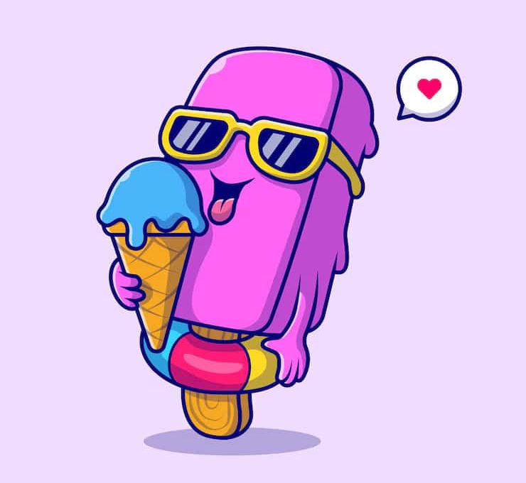 A cartoon ice cream bar wearing sunglasses, accompanied by a speech bubble, exuding a fun and playful vibe