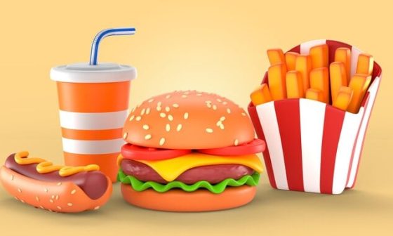 A colorful 3D rendering of a hamburger, crispy fries, and a beverage from mac and cheesea