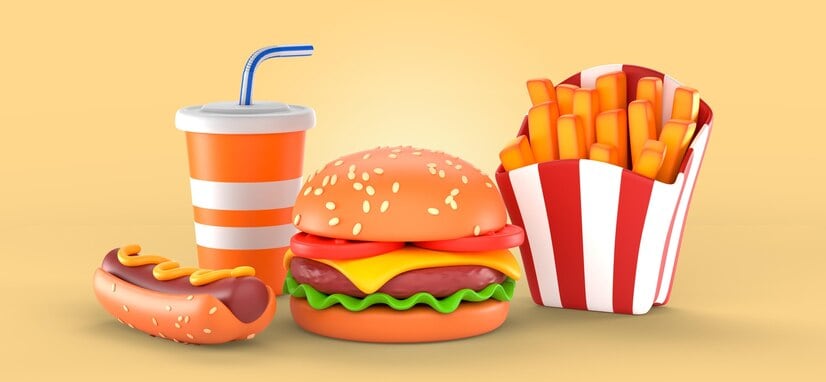 A colorful 3D rendering of a hamburger, crispy fries, and a beverage from mac and cheesea