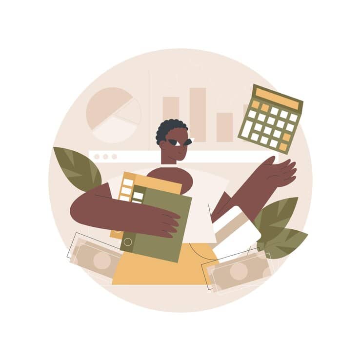 A woman holding a calculator and cash, focused on managing her finances with determination and accounting precision