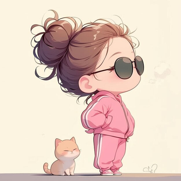 A cartoon girl in a pink outfit and sunglasses stands beside a playful cat, answering what her name is from an interview