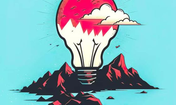 A light bulb illuminated against a backdrop of a majestic mountain range, indicating creativity