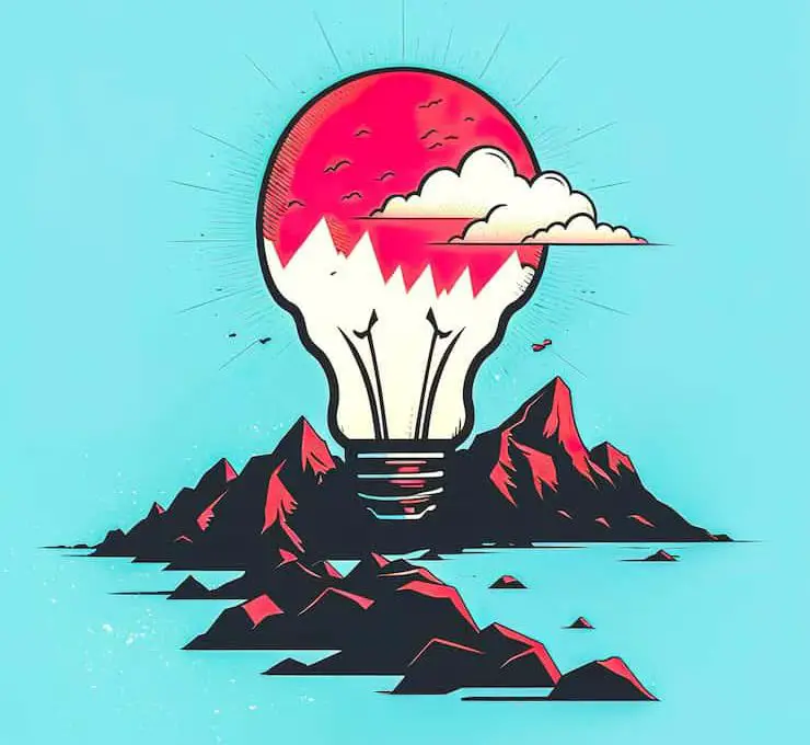 A light bulb illuminated against a backdrop of a majestic mountain range, indicating creativity