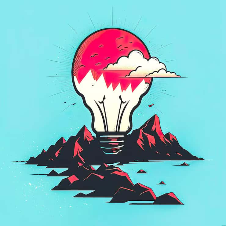 A light bulb illuminated against a backdrop of a majestic mountain range, indicating creativity