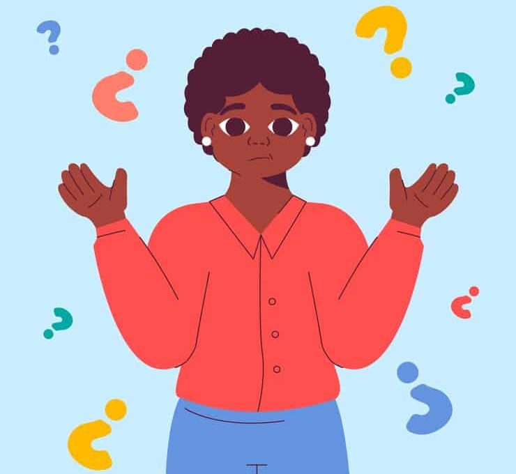 An illustration of a woman surrounded by question marks, symbolizing curiosity and contemplation, trying to guess something about someone