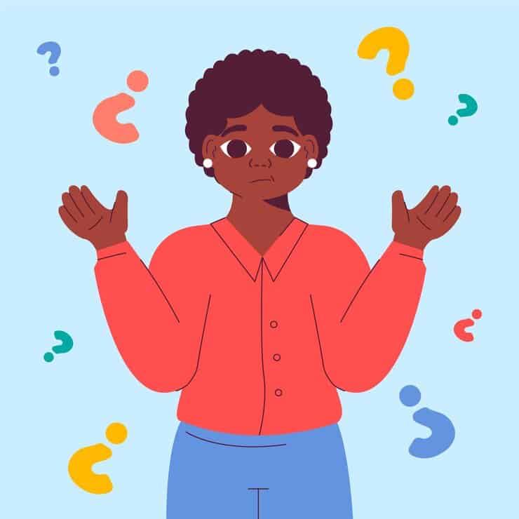 An illustration of a woman surrounded by question marks, symbolizing curiosity and contemplation, trying to guess something about someone