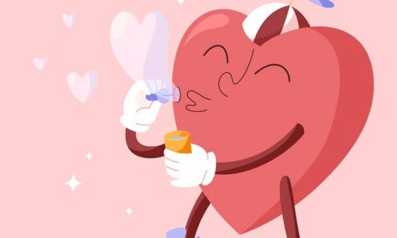 Cartoon heart with wings blowing bubbles, thinking about the key to its heart