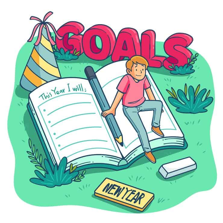 Vector illustration depicting goals and New Year's resolutions, featuring motivational elements and a vibrant design.