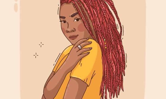 A colorful illustration of a woman featuring striking red dreadlocks, beautiful hair