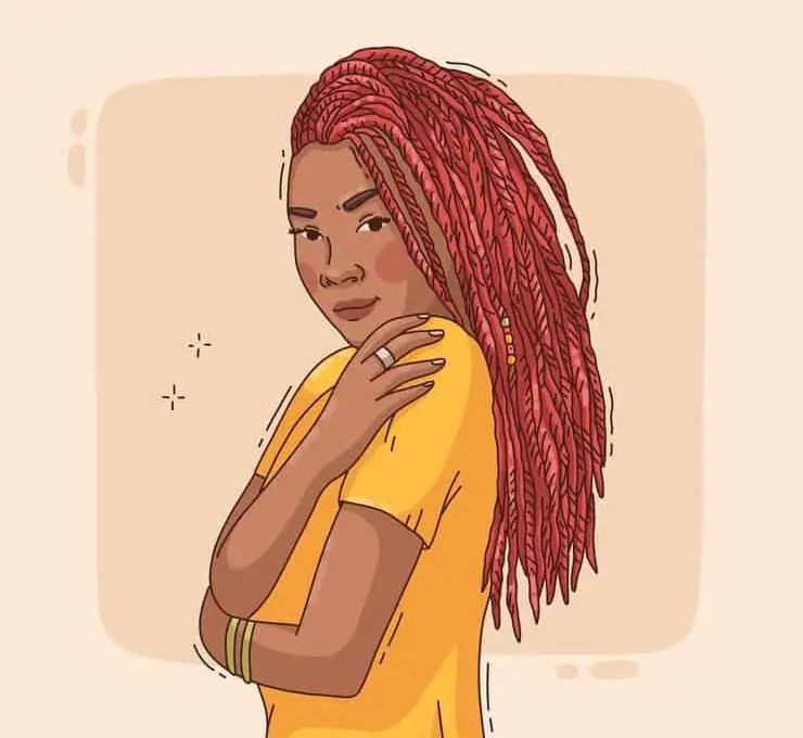 A colorful illustration of a woman featuring striking red dreadlocks, beautiful hair