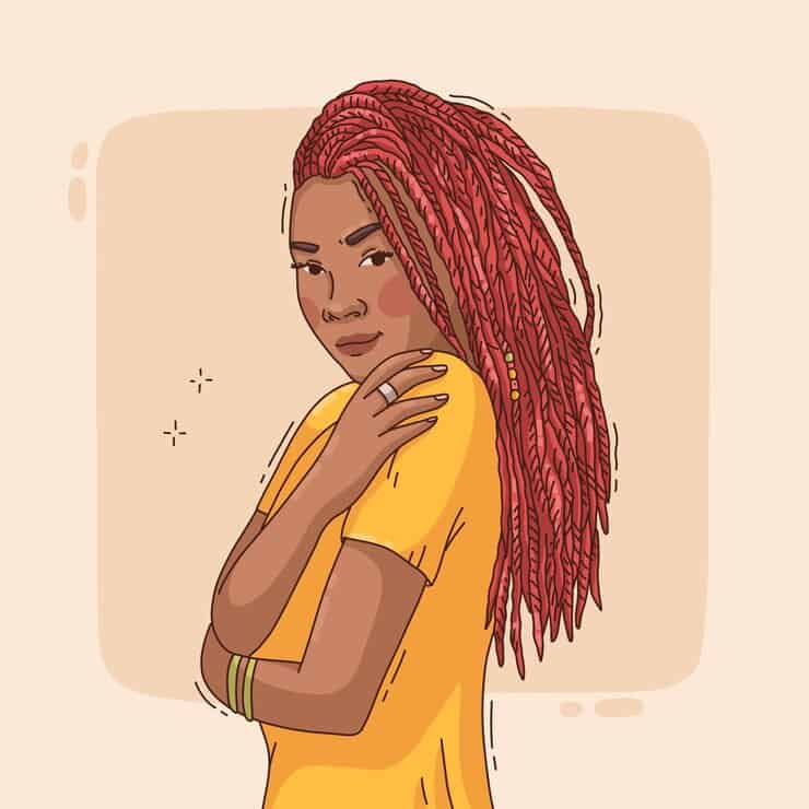 A colorful illustration of a woman featuring striking red dreadlocks, beautiful hair