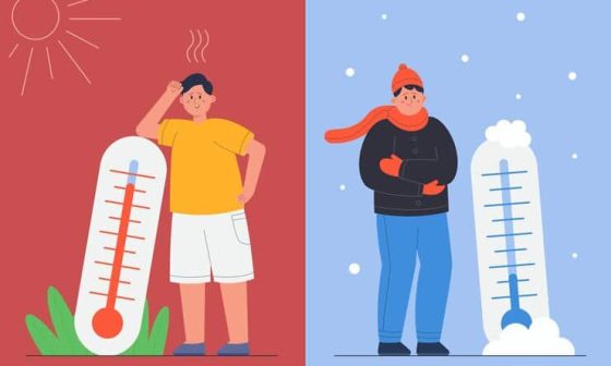 Two illustrations feature people positioned next to thermometers, highlighting a hot weather