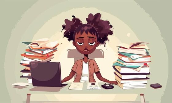 An illustration of a black woman seated at a desk surrounded by stacks of books, engaged in reading or studying. and finding random facts for hinge answers