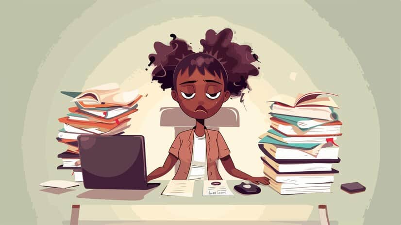 An illustration of a black woman seated at a desk surrounded by stacks of books, engaged in reading or studying. and finding random facts for hinge answers