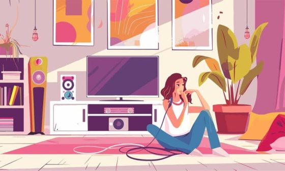 A woman seated on the floor, gazing at a television screen in a cozy living room setting thinking of her life goals and how to add it to the corresponding hinge prompt