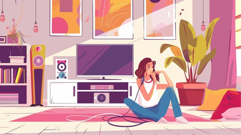 A woman seated on the floor, gazing at a television screen in a cozy living room setting thinking of her life goals and how to add it to the corresponding hinge prompt