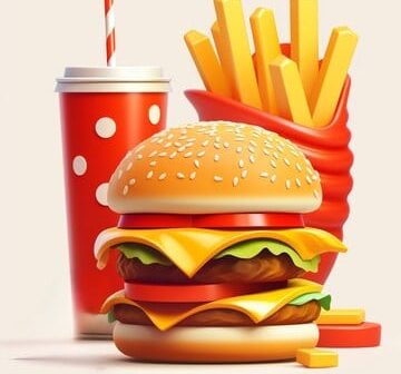 A hamburger and fries displayed in a red cup from McDonalds