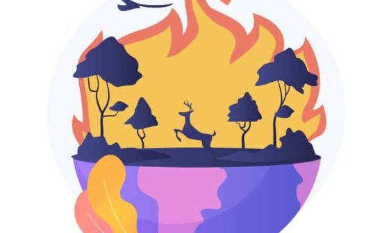 An illustration depicting a burning Earth surrounded by trees and birds, symbolizing global warming