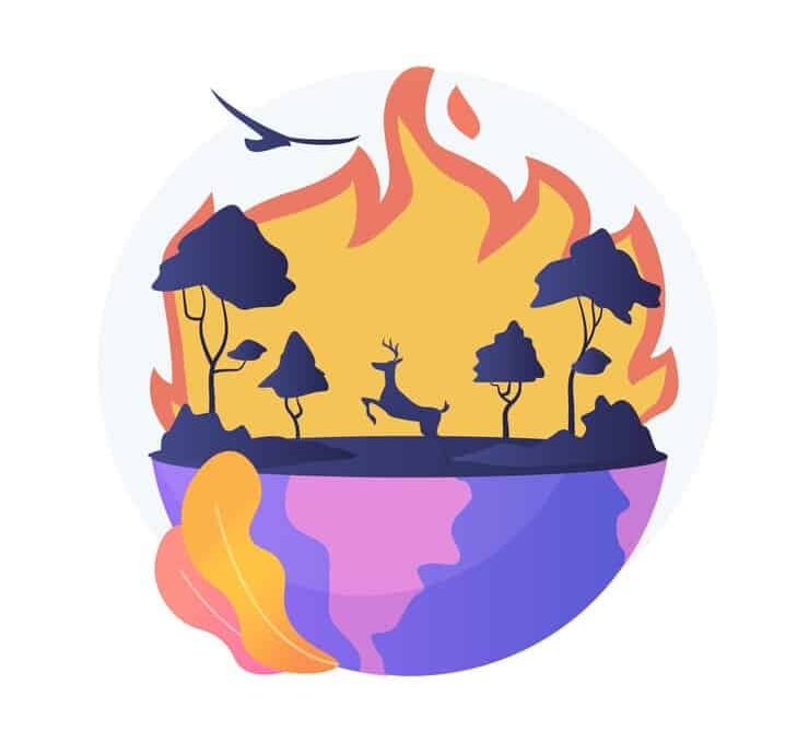 An illustration depicting a burning Earth surrounded by trees and birds, symbolizing global warming