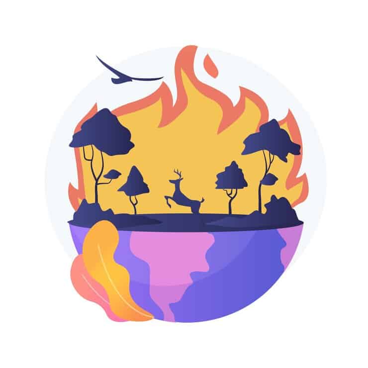 An illustration depicting a burning Earth surrounded by trees and birds, symbolizing global warming