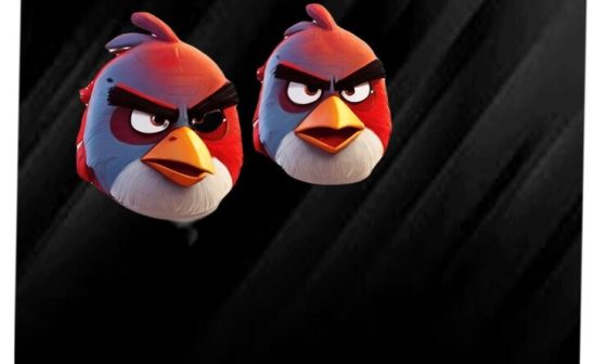 Two angry birds perched on a black background, their fierce expressions contrasting sharply with the dark setting.