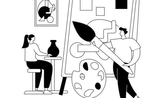 A man and woman collaborate on a drawing project in a bright room filled with art materials