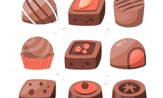 A vector illustration featuring an assortment of chocolate candies in various shapes and sizes,