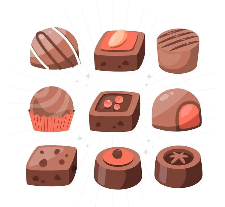 A vector illustration featuring an assortment of chocolate candies in various shapes and sizes,