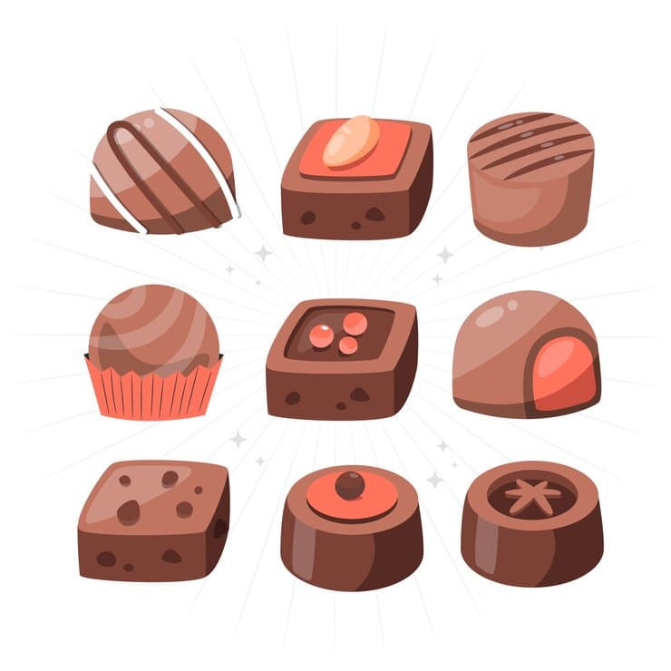 A vector illustration featuring an assortment of chocolate candies in various shapes and sizes,