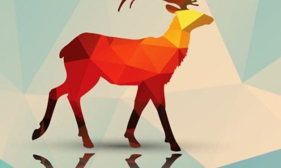 A deer with antlers stands prominently against a geometric background