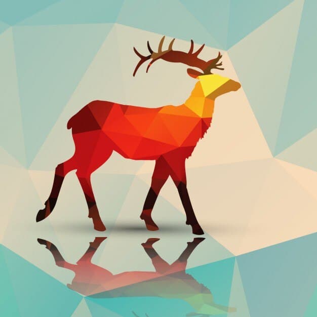 A deer with antlers stands prominently against a geometric background