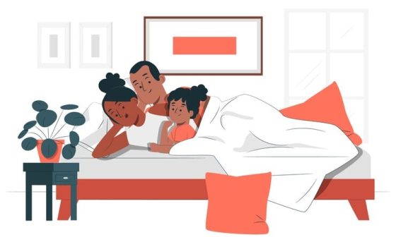 An illustration depicting a family in a spooning cuddling position