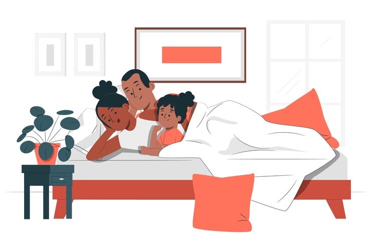 An illustration depicting a family in a spooning cuddling position