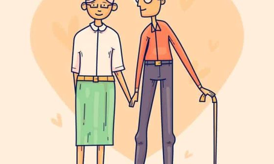 An illustration depicting an elderly couple tenderly holding hands, symbolizing love and companionship in their golden years.