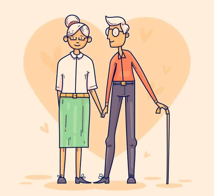 An illustration depicting an elderly couple tenderly holding hands, symbolizing love and companionship in their golden years.