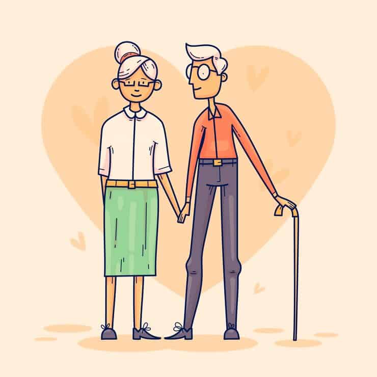 An illustration depicting an elderly couple tenderly holding hands, symbolizing love and companionship in their golden years.