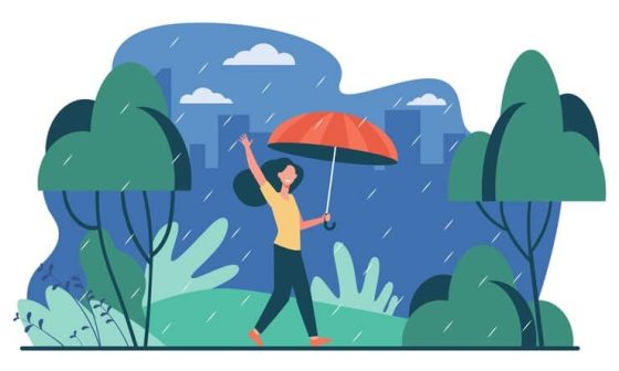 A vector illustration of a woman walking in the rain, holding an umbrell