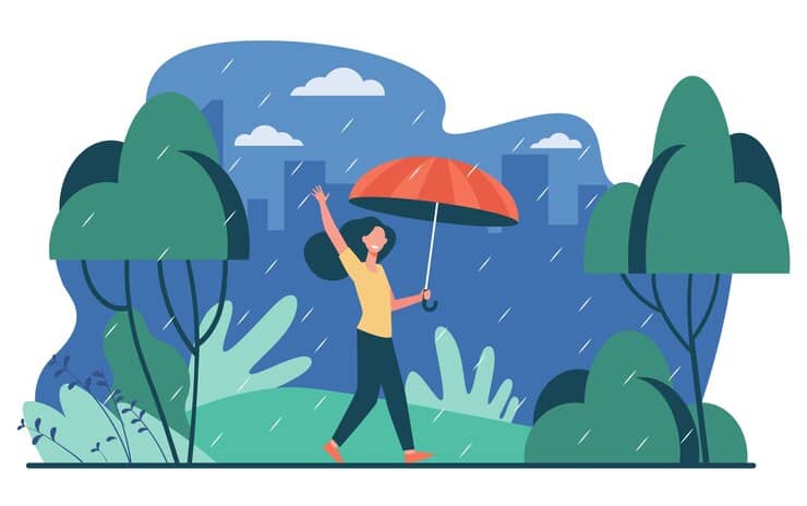 A vector illustration of a woman walking in the rain, holding an umbrell